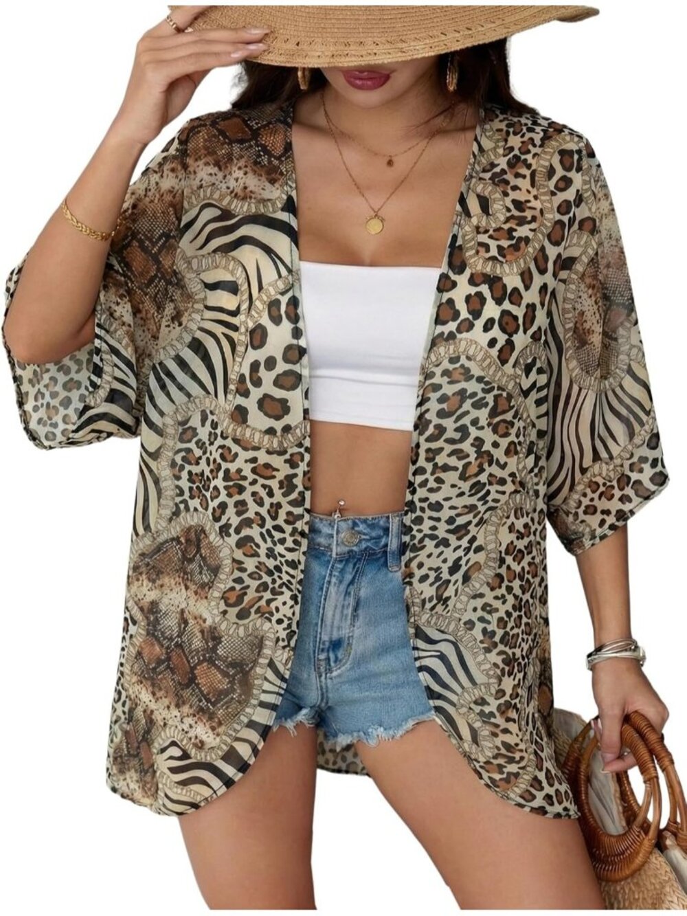 Womens Leopard Zebra Chiffon Kimono Cardigan Open Front Blouse Swimwear Cover Up